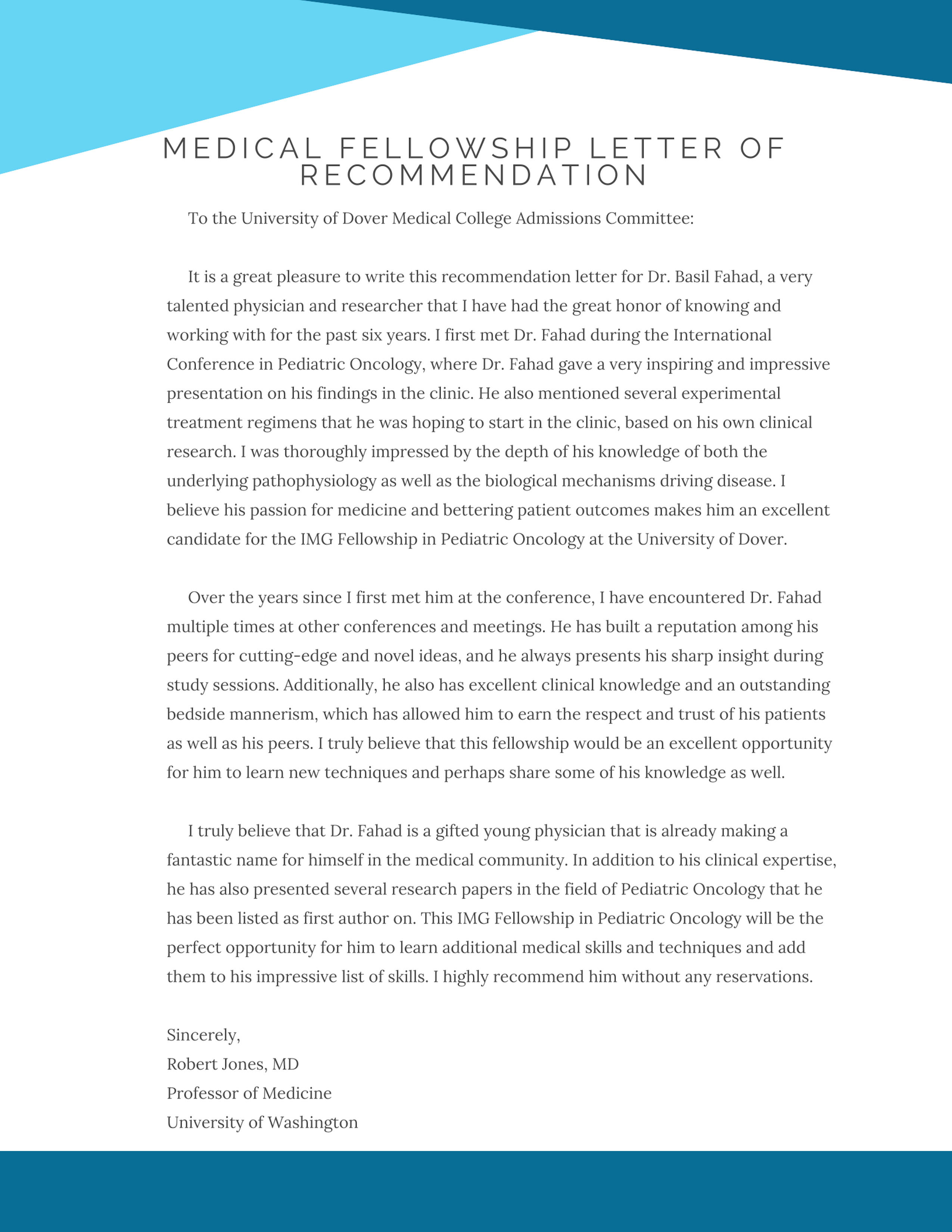 medical fellowship letter of recommendation